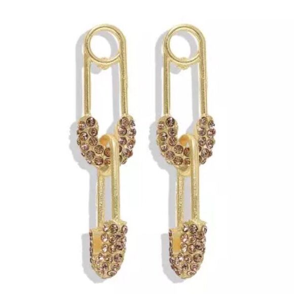Double Safety Pin Gold Tone Crystal Rhinestone Earrings NWT - Picture 1 of 6